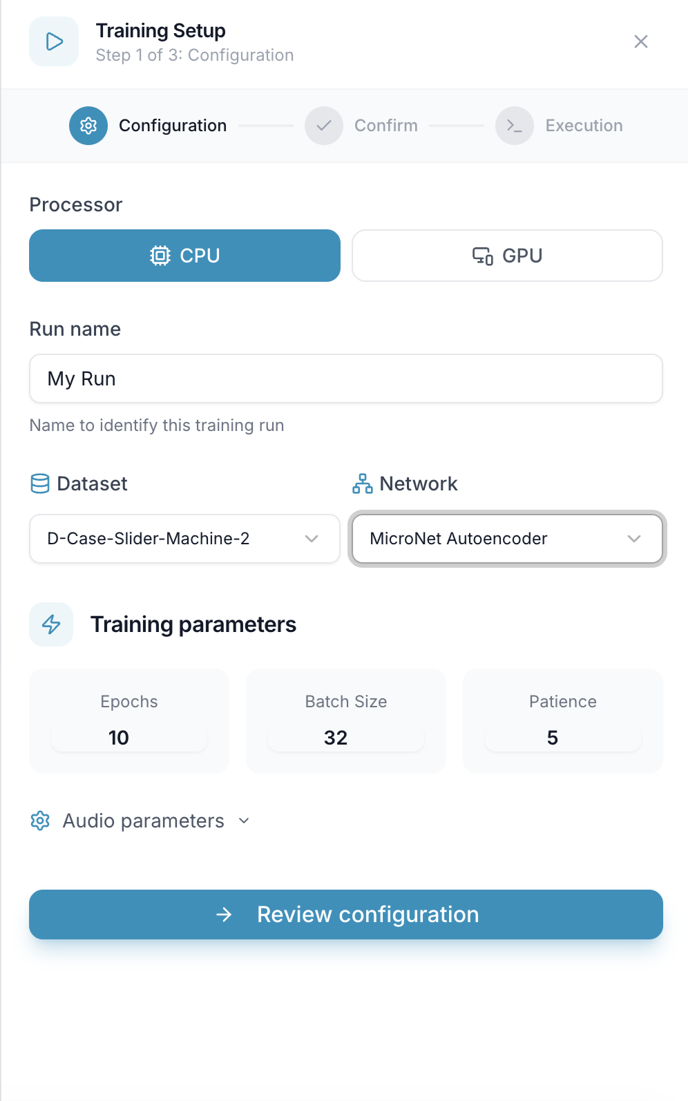 Training Setup, Configuration step