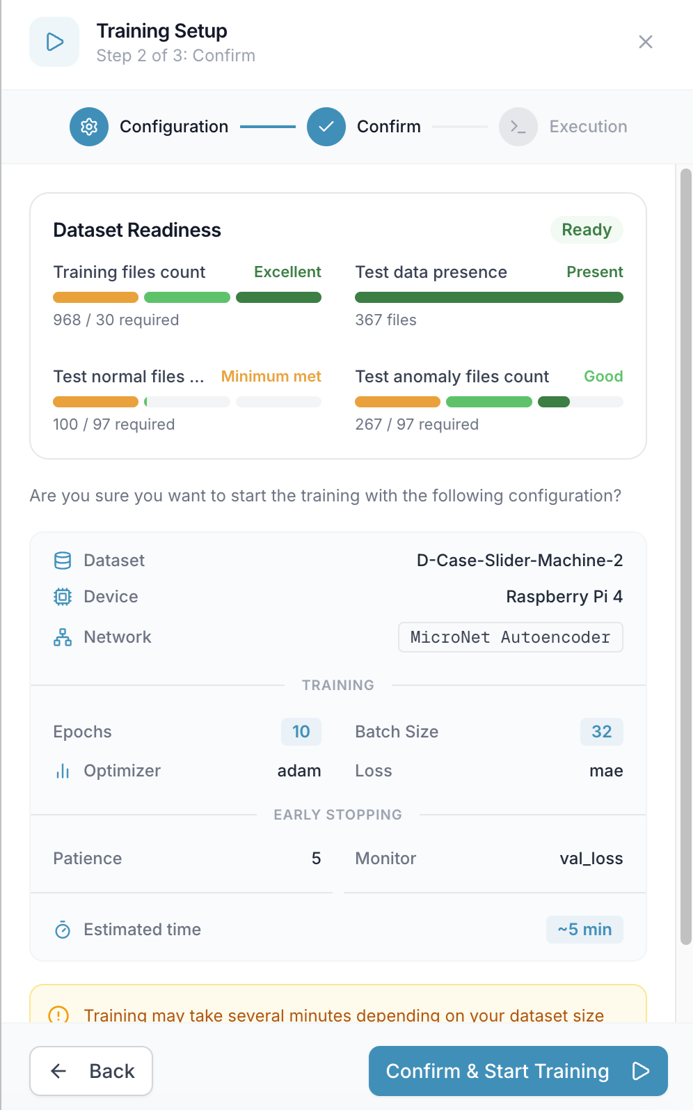 Training Setup, Confirm step with dataset readiness and configuration summary