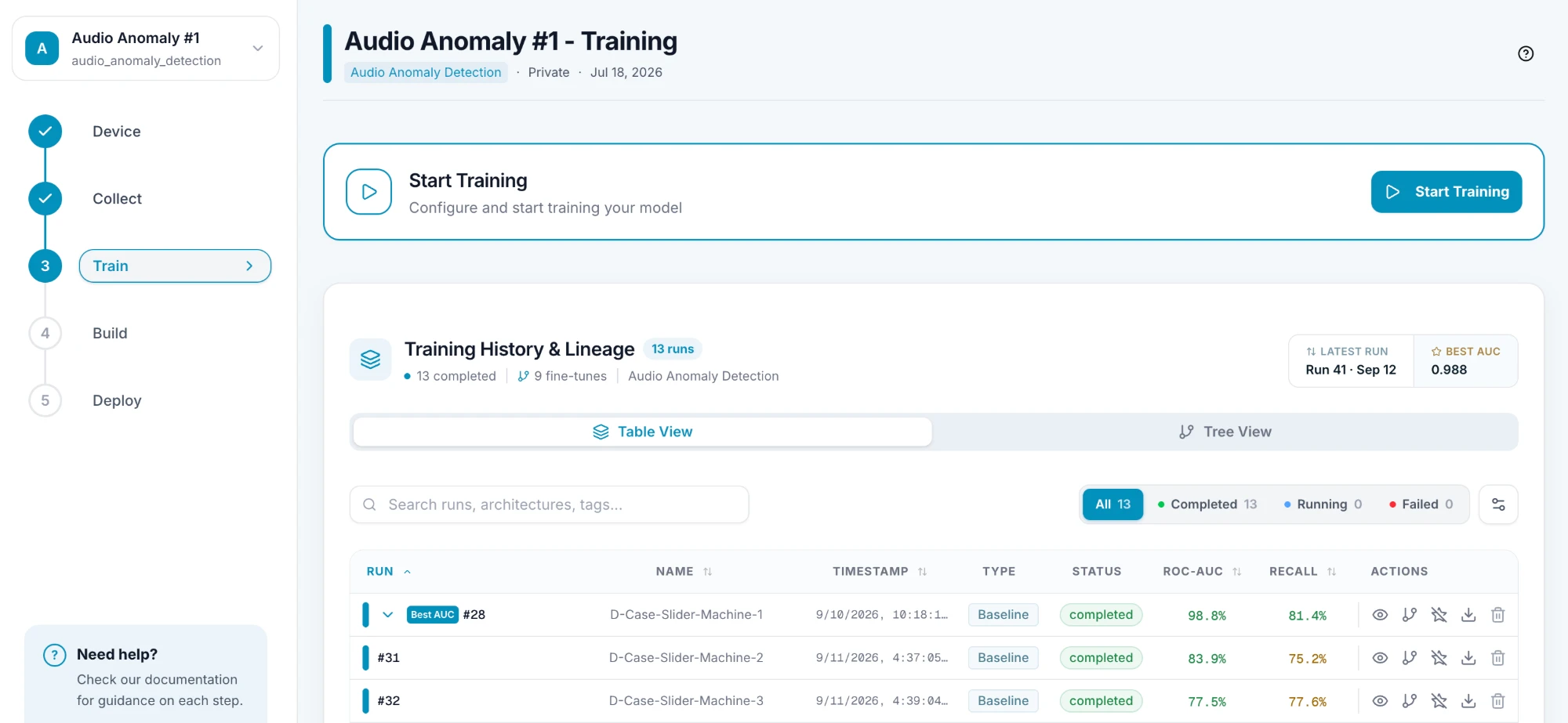 The Training page with the Start Training button