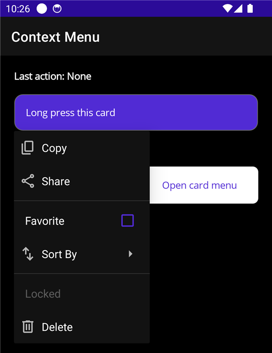 An Android context menu with sections and a submenu