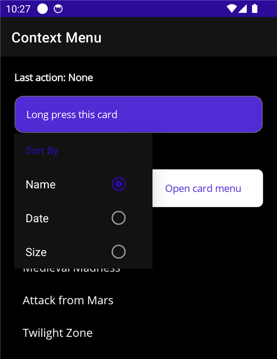 An Android submenu with a radio group