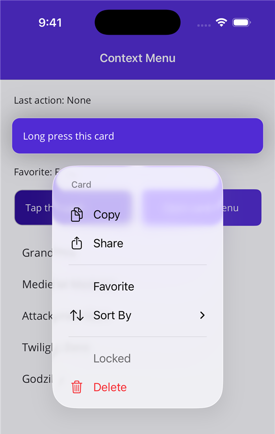 An iOS context menu with sections and a submenu