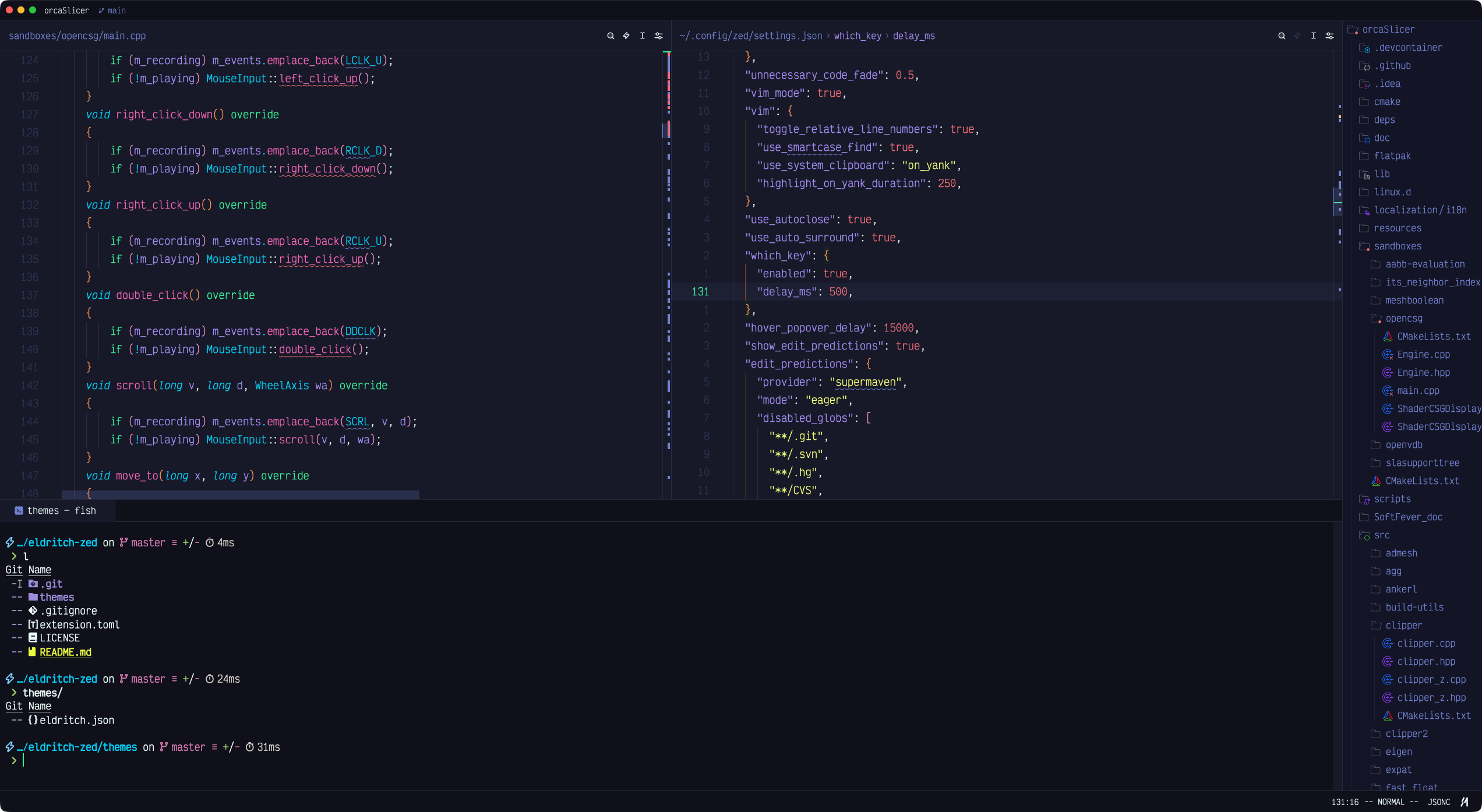 C++ JSON config and fish terminal in multi-pane layout
