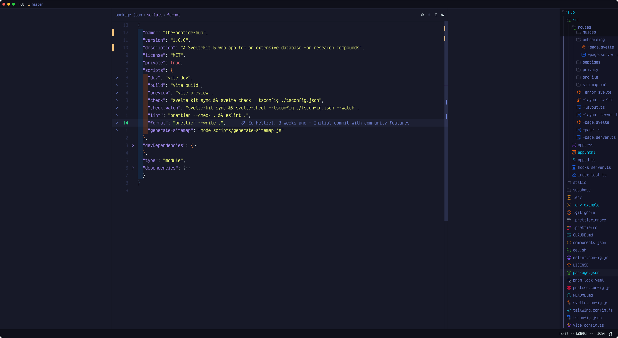 JSON package.json for a SvelteKit project