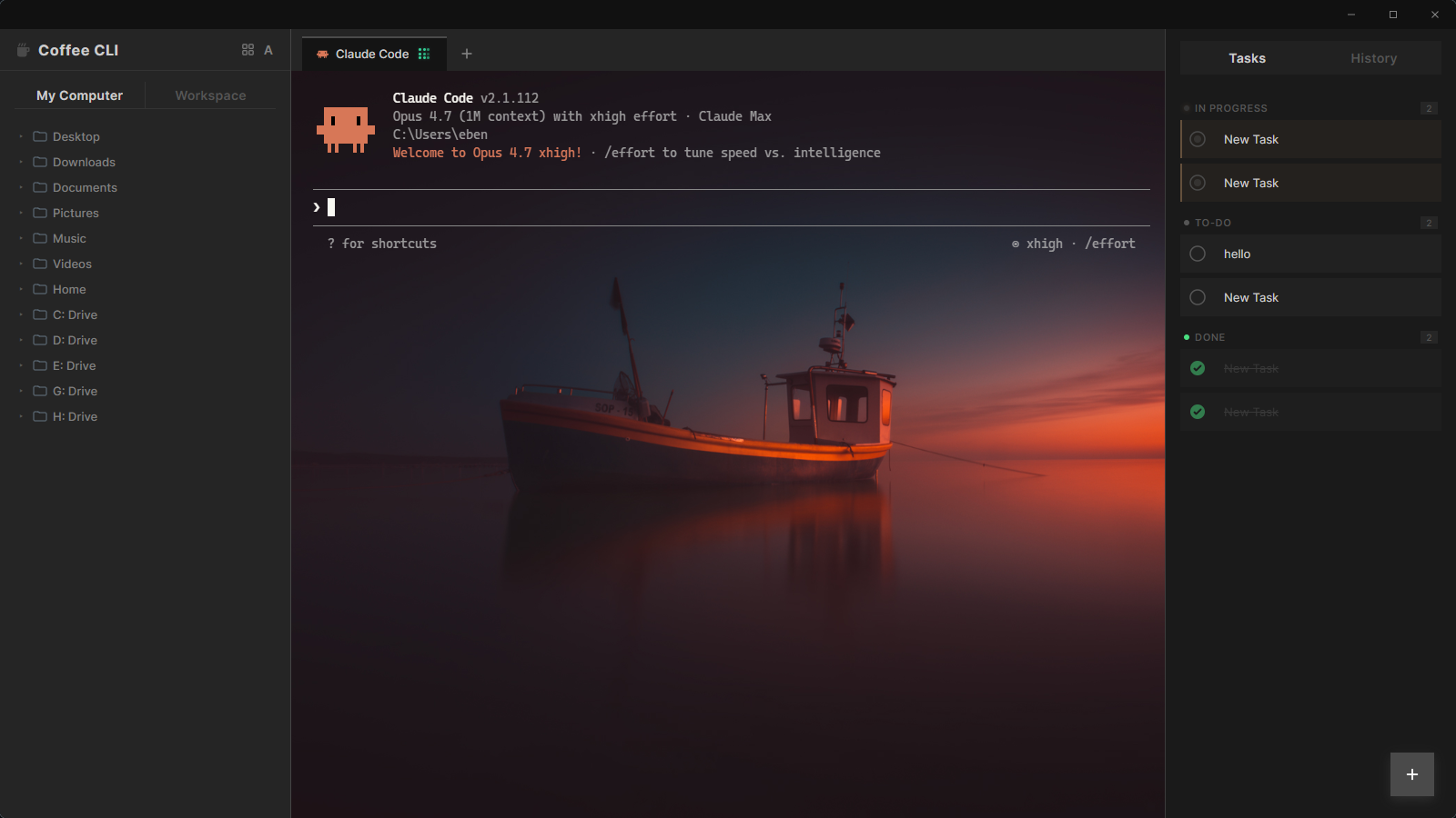 Coffee CLI workspace with custom wallpaper