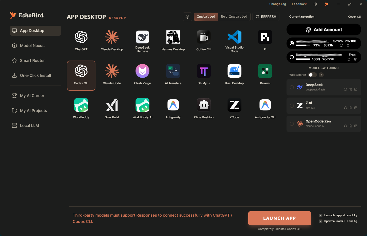 EchoBird App Desktop — account and model switching
