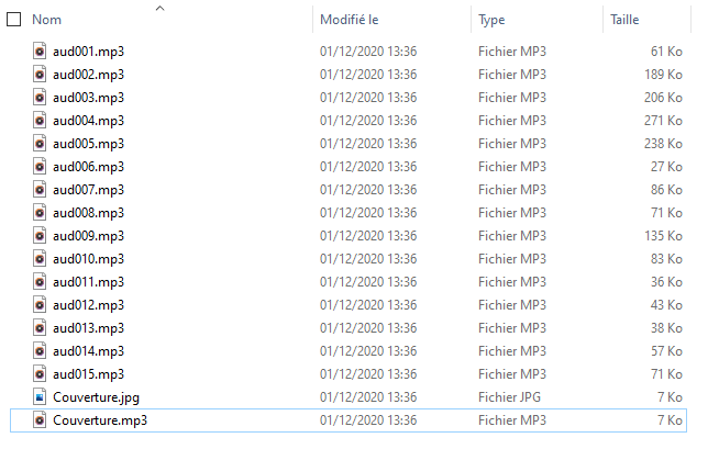 Capture d'écran d'un dossier contenant des fichiers MP3 et un fichier couverture.mp3