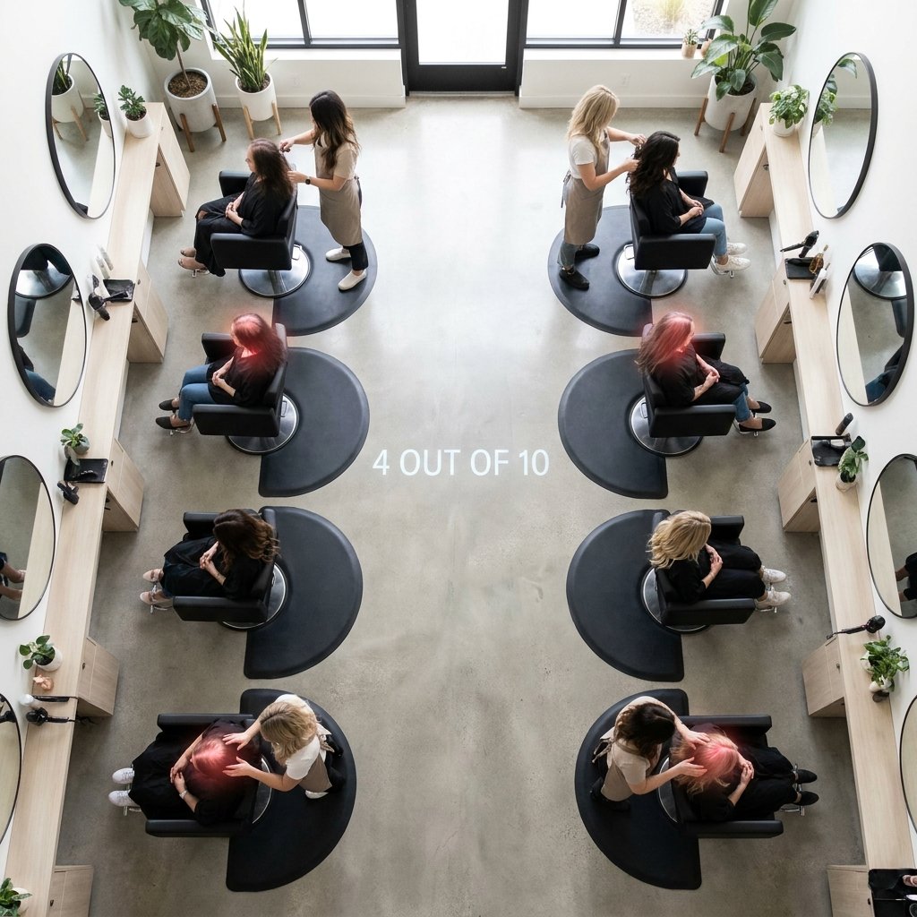 Aerial view of salon showing 4 out of 10 women over 45 experiencing hair thinning