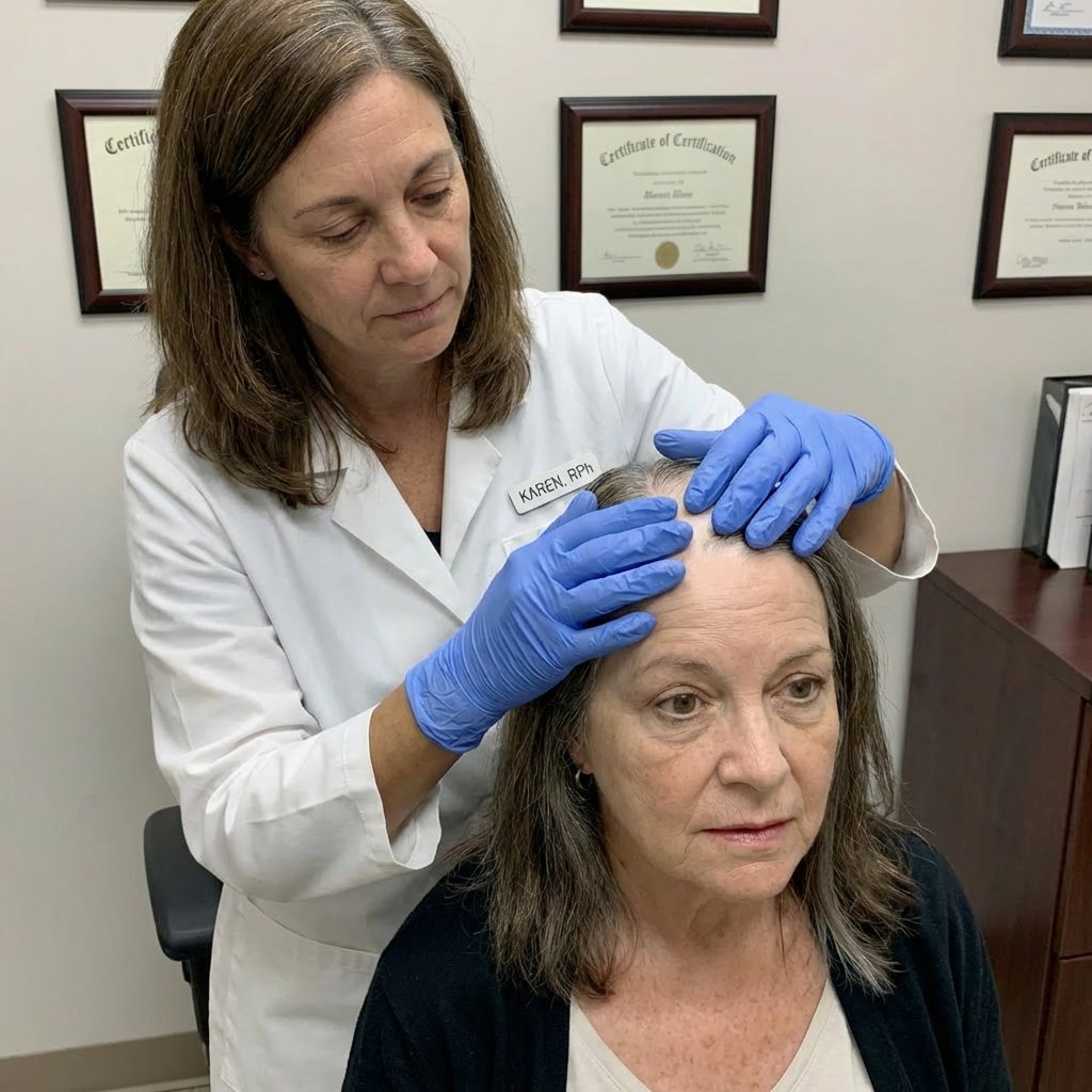 Karen examining a patient's scalp
