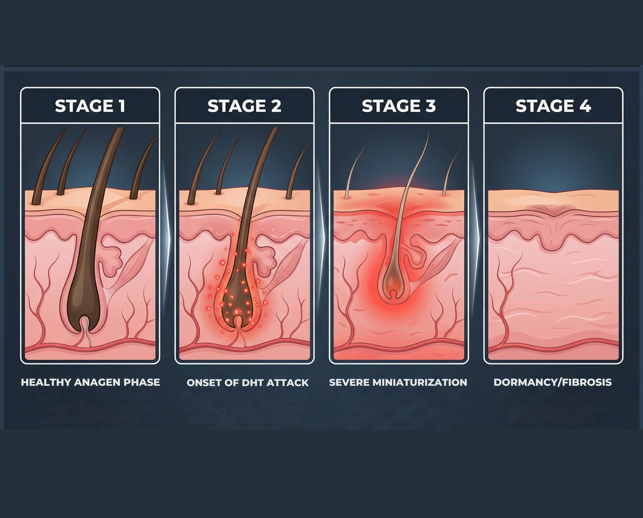 Hair follicle stages: healthy anagen phase to dormancy/fibrosis