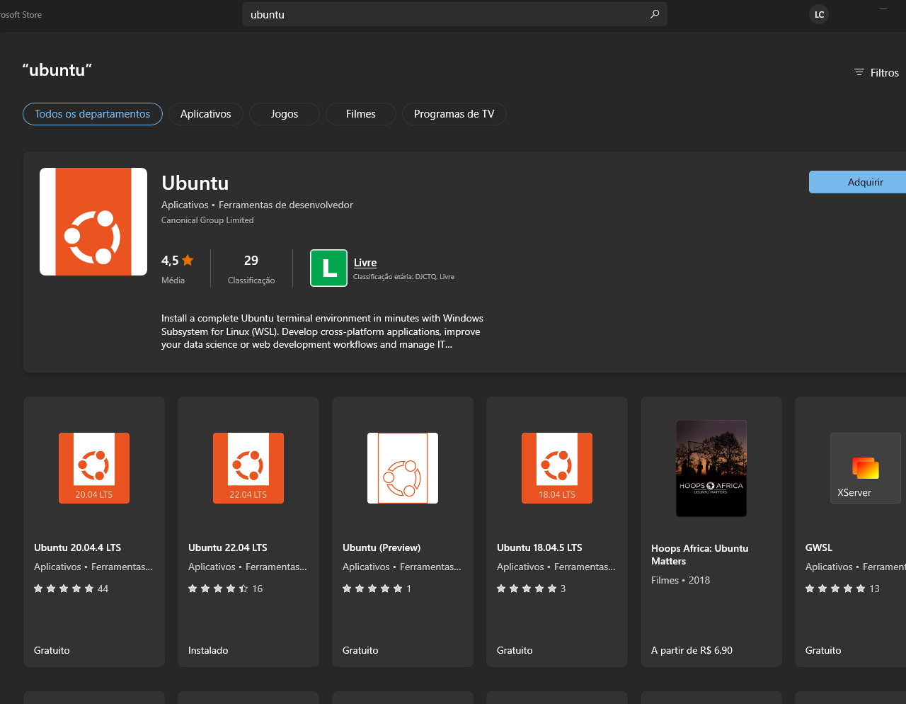 Distribuições Linux no Windows Store