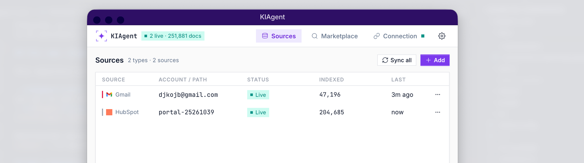 KIAgent main window — Sources screen with Gmail and HubSpot syncing