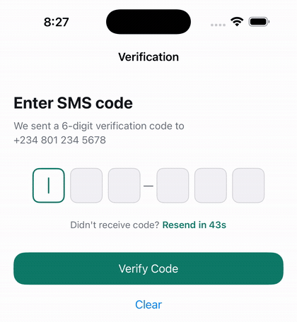 pinput_kit: the focus ring slides from slot to slot while a code is typed, the field is verified, then the underline and passcode presets