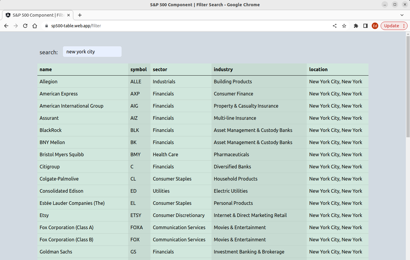 Angular Table Filtering Screenshot