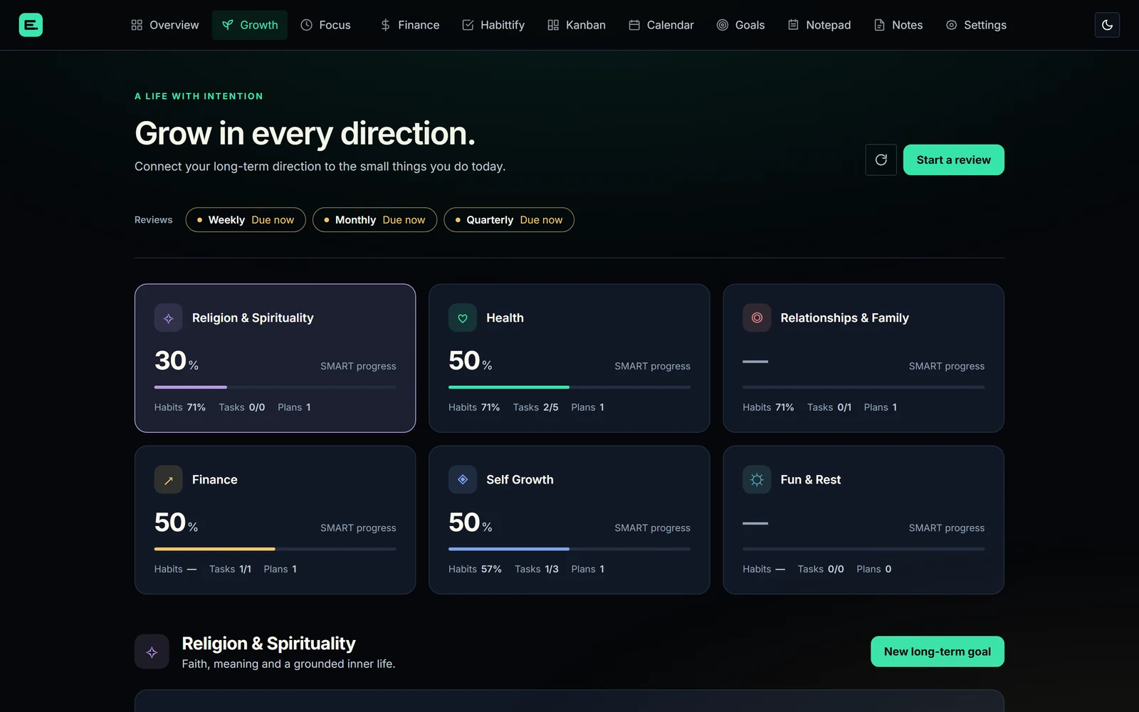 Growth workspace with six life dimensions and SMART progress