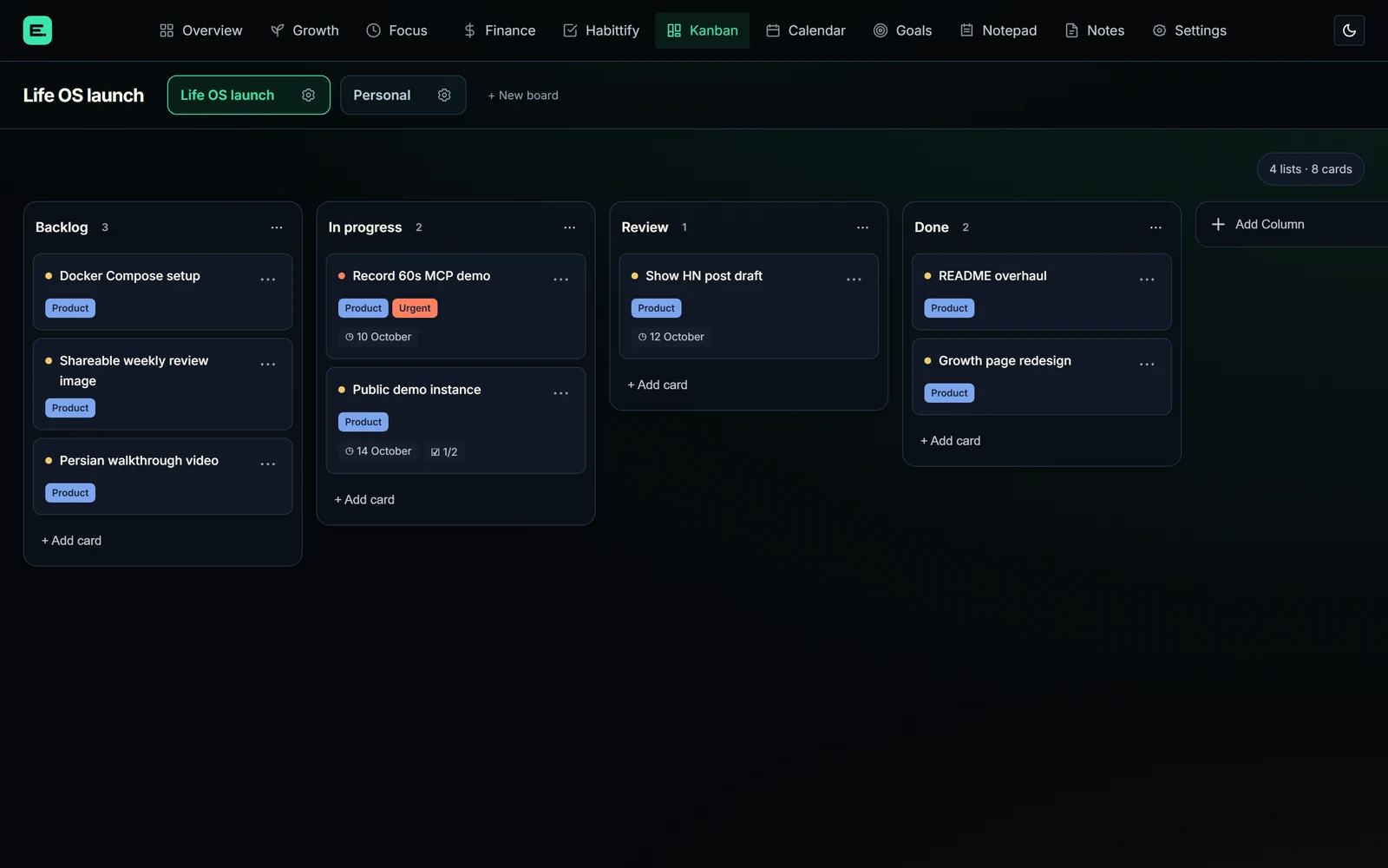 Kanban board with backlog, in progress, review and done columns
