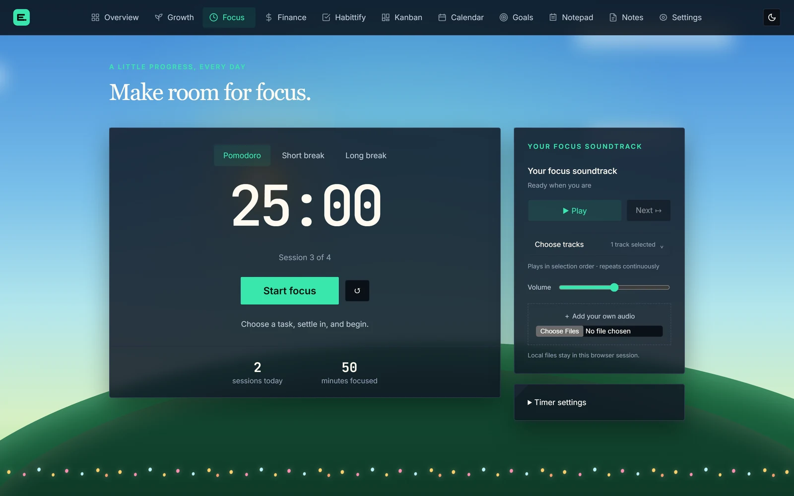 Focus timer over an illustrated landscape with a soundtrack panel