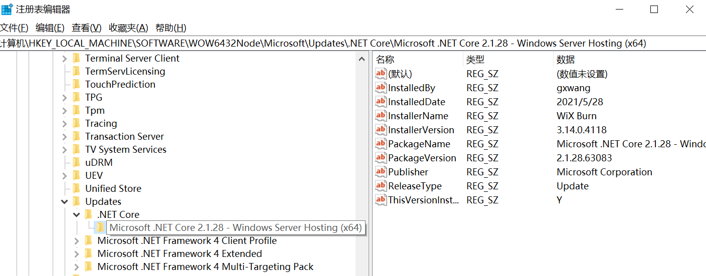 注册表中dotnetcore版本信息