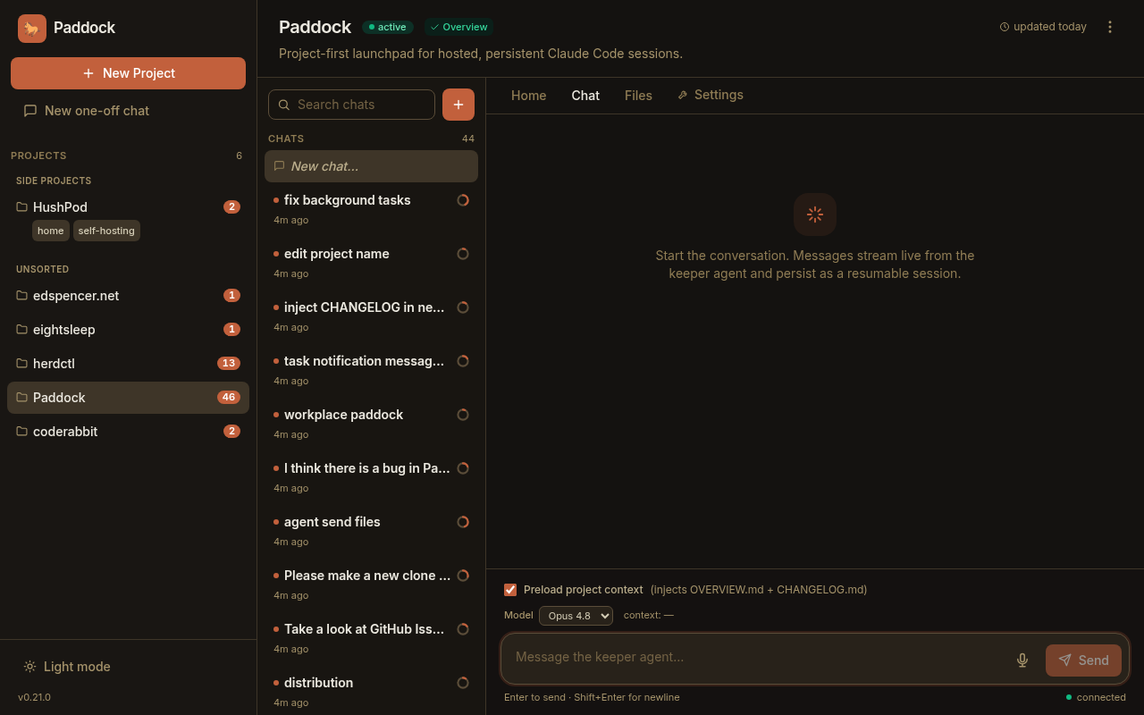 A project's chat list with dozens of real, resumable chats