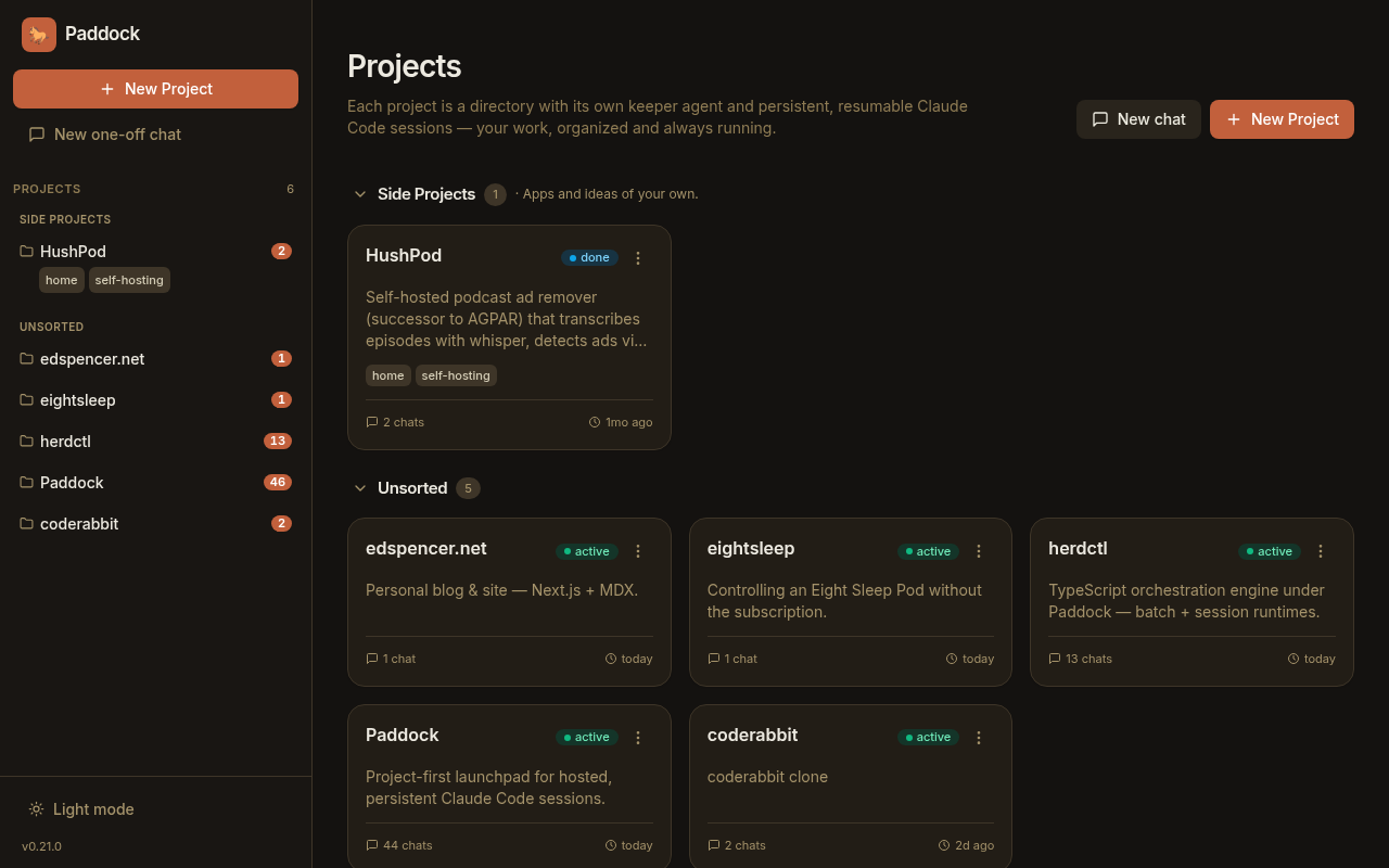 Projects grid — Paddock, herdctl, Warren, and more, each a project with its own chats, files, and changelog