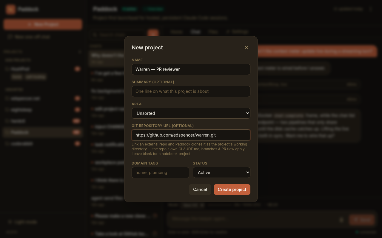 New Project modal with a Git repository URL field