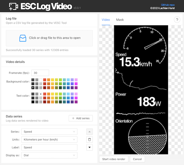 ESC Log Video user interface screenshot