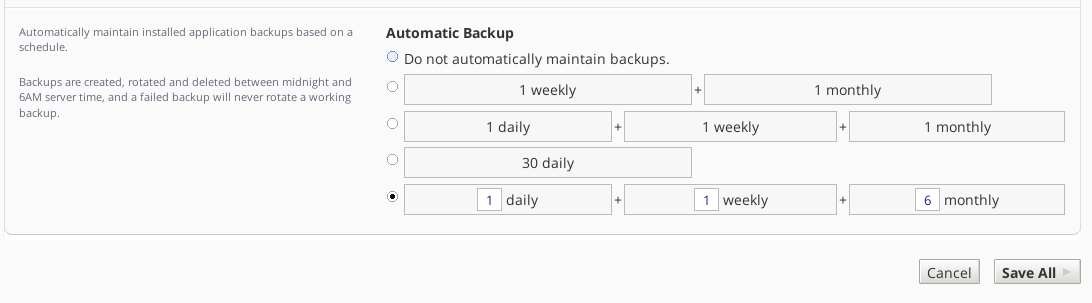 cPanel application backup options