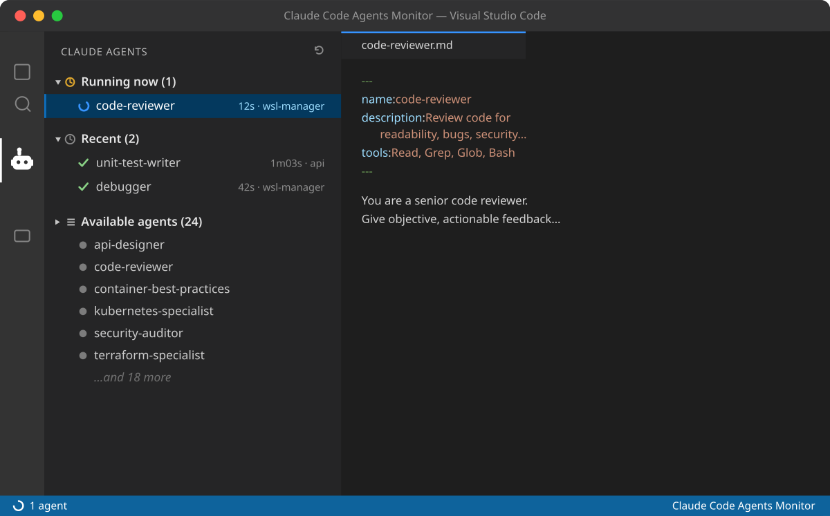 The Claude Agents view: running now, recent runs, and available agents