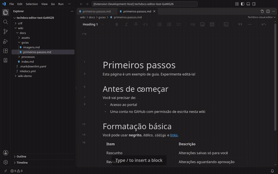 Insert an image from the computer: it is saved to docs/assets and linked relative to the page
