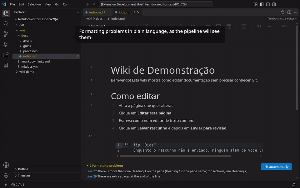 Formatting problems listed in plain language; the line number opens the Markdown at the problem; one click fixes them