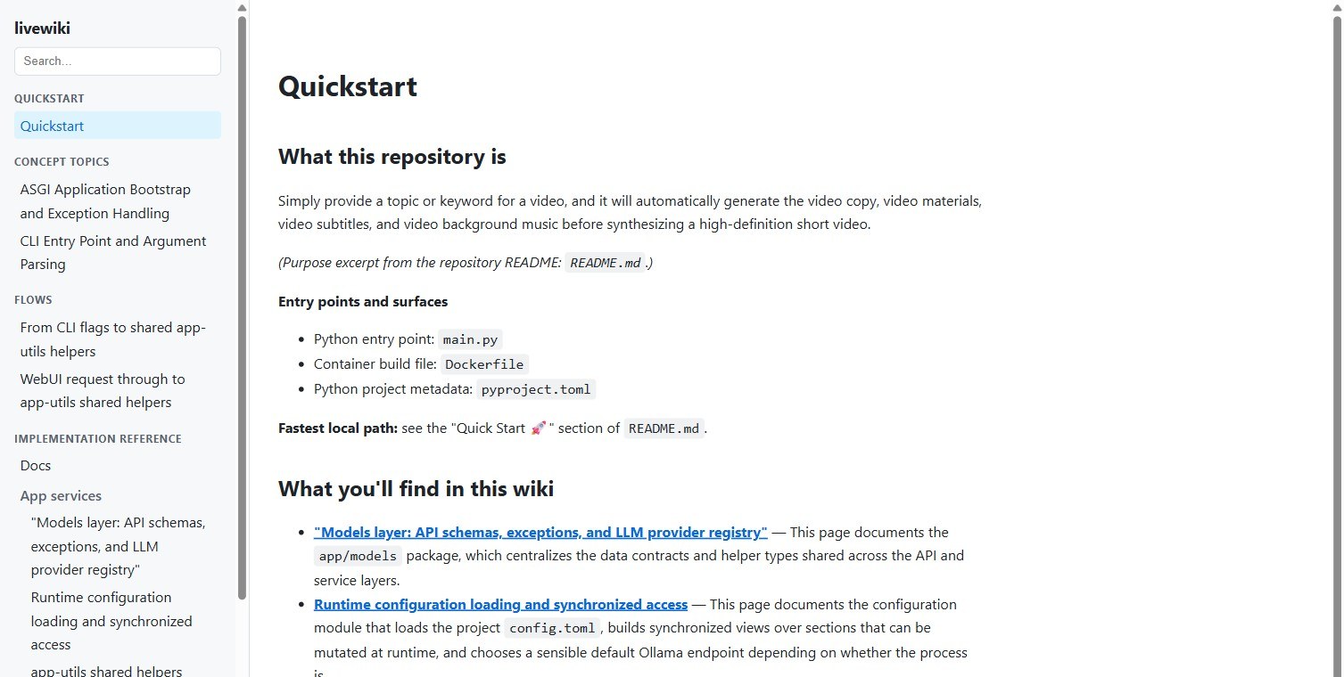 livewiki viewer showing a generated quickstart page