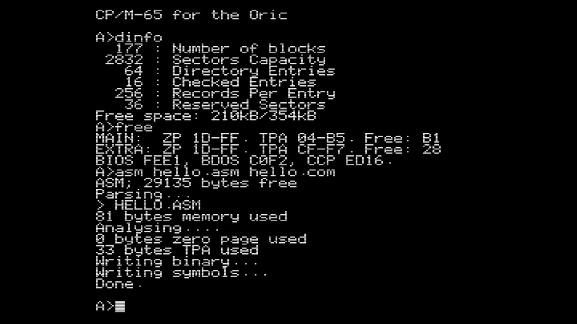 CP/M-65 running on an Tangerine Oric 1