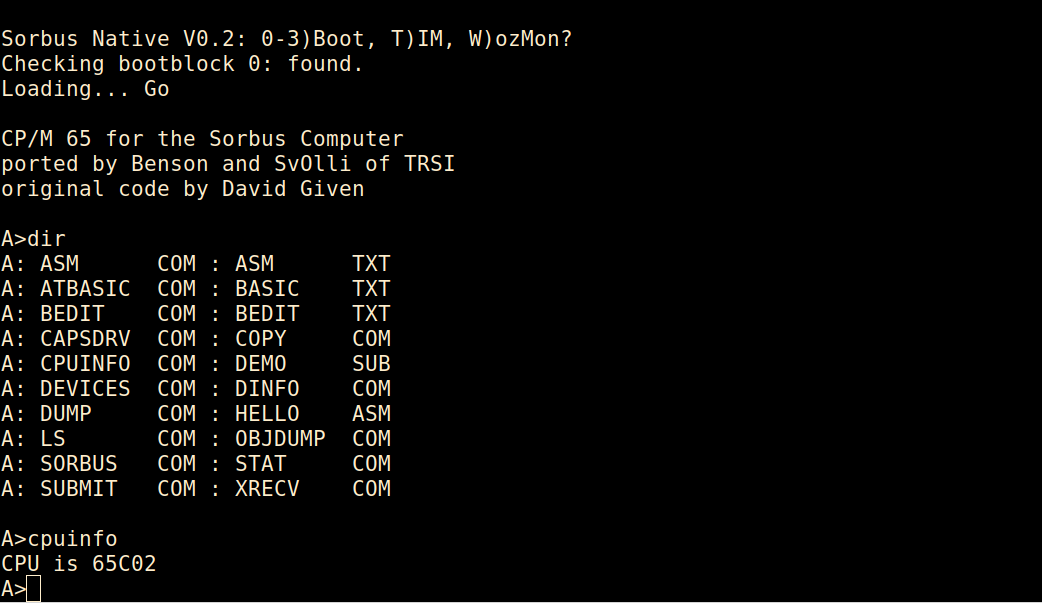 CP/M-65 running on the Sorbus Computer