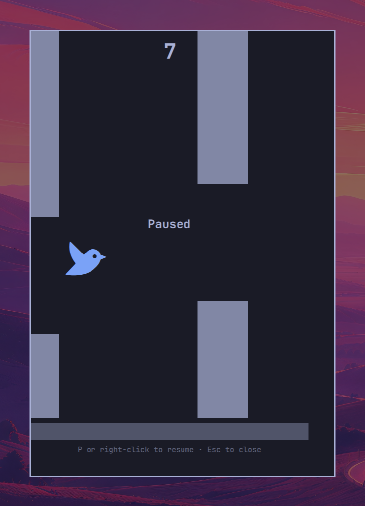 The same panel paused mid-run: "Paused" centred over the frozen playfield with the bird held in place between pipes, the score of 7 still at the top, and the hint line now reading "P or right-click to resume · Esc to close"