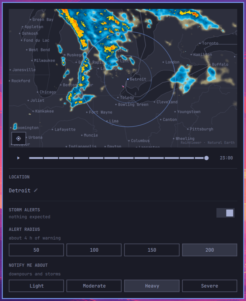 The radar panel: storms over Michigan with distance rings around Detroit, a timeline scrubber below the map, then the location, the storm alert switch, and the radius and threshold choices