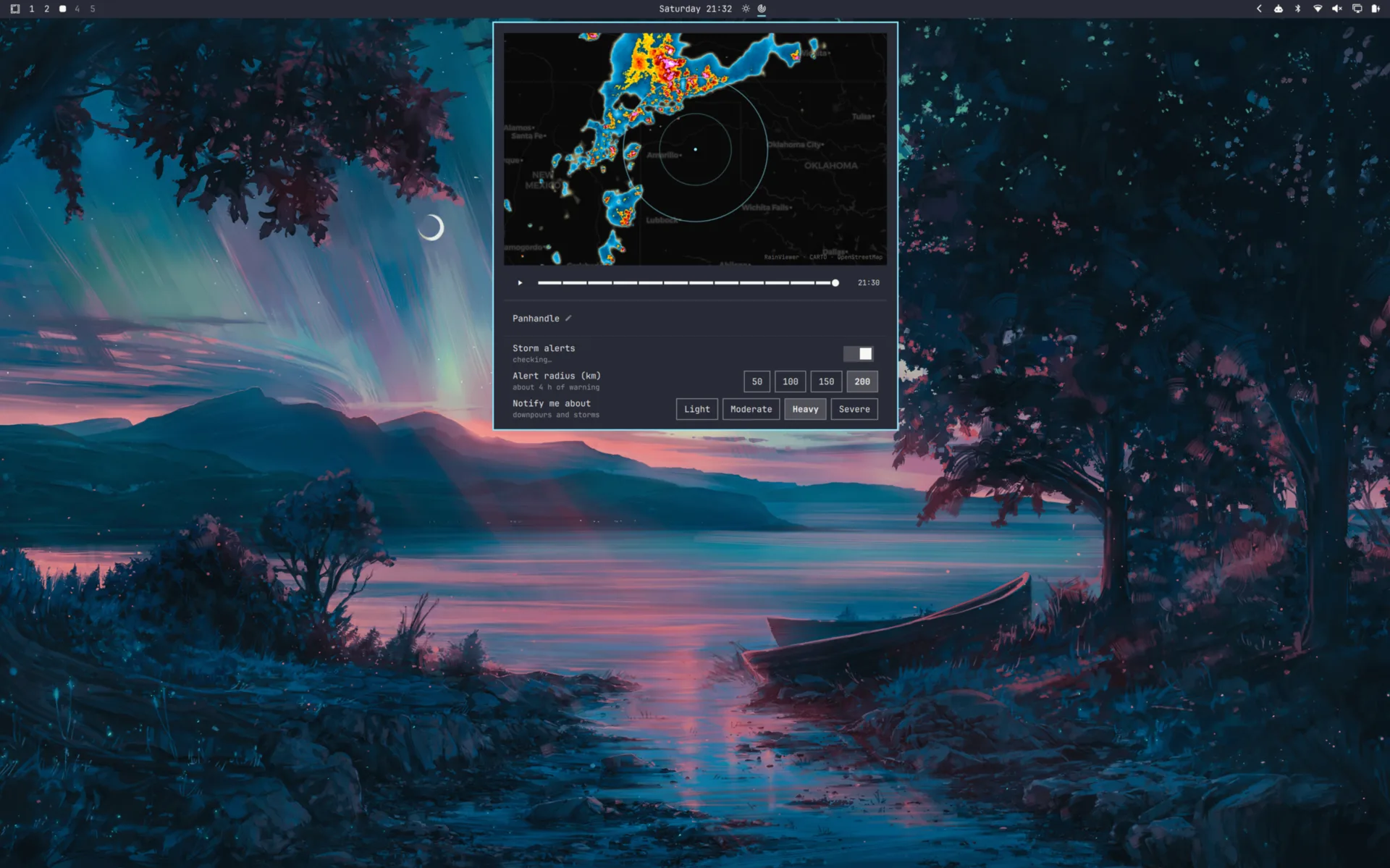 The radar panel open on an Omarchy desktop, showing a line of storms across the Texas and Oklahoma panhandle with the alert rings drawn around the configured location