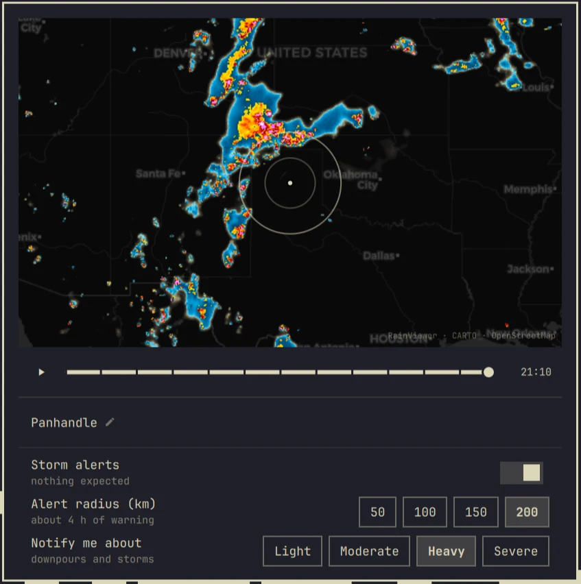 The radar panel: a map of storms over Oklahoma with distance rings around the location, a timeline scrubber below it, the city name, and the alert controls for radius and threshold