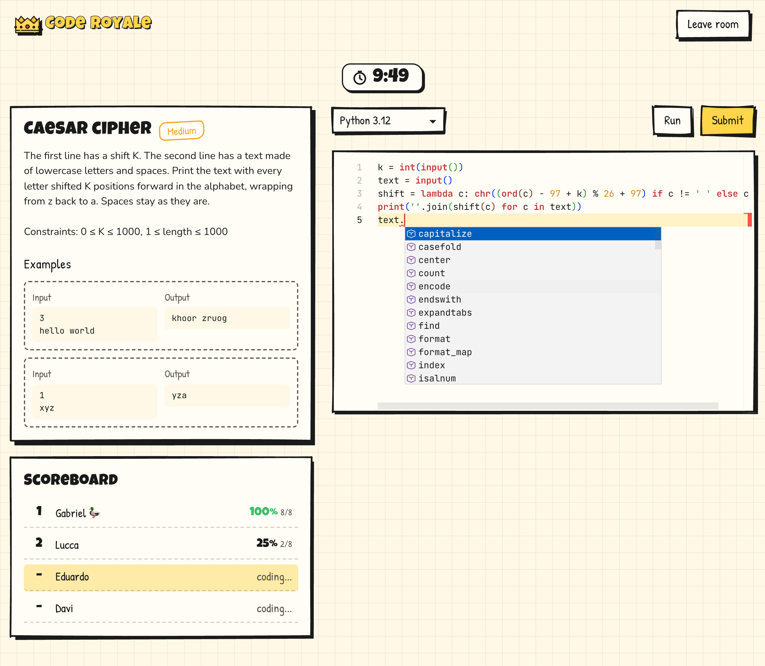 The editor with autocomplete, next to the challenge