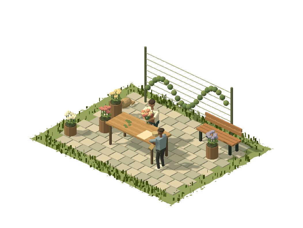 Diorama Worlds: a florist and customer in an animated flower stall with flat irregular ground, no display platform.