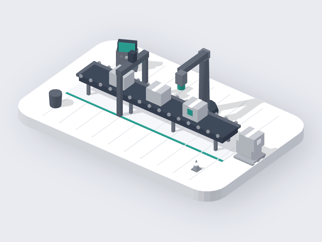 A conveyor belt in greys with four cardboard boxes riding it through a scanner gate with a teal light, a stamping arm over it, a pallet at the end, a worker at a panel