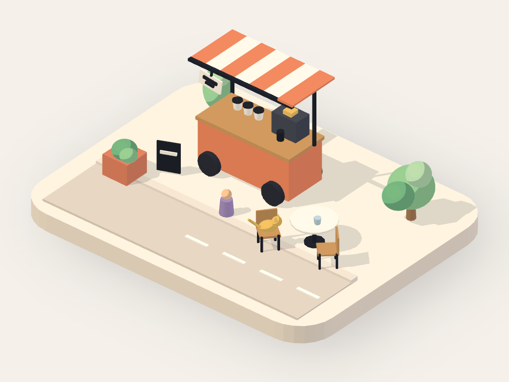 A coffee cart with a striped awning on a cream street corner, a barista, a customer, a bistro table, a cat on a chair, two trees