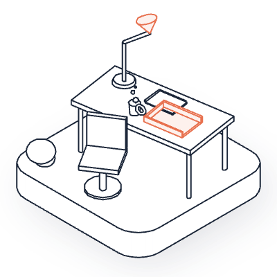 A line drawing of a desk with a lamp, an empty tray, a mug and a swivel chair, on a rounded tile