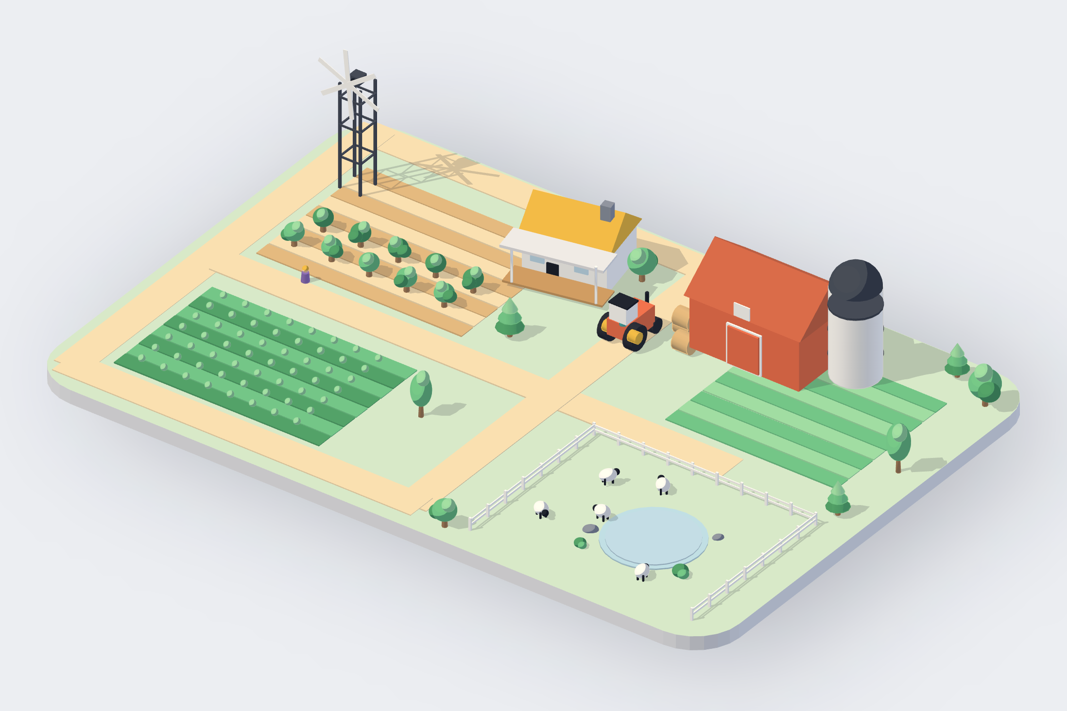 An isometric farm: fields of crops, a yellow farmhouse, a red barn and a silo, a windmill, a pond with sheep, a tractor on the lane