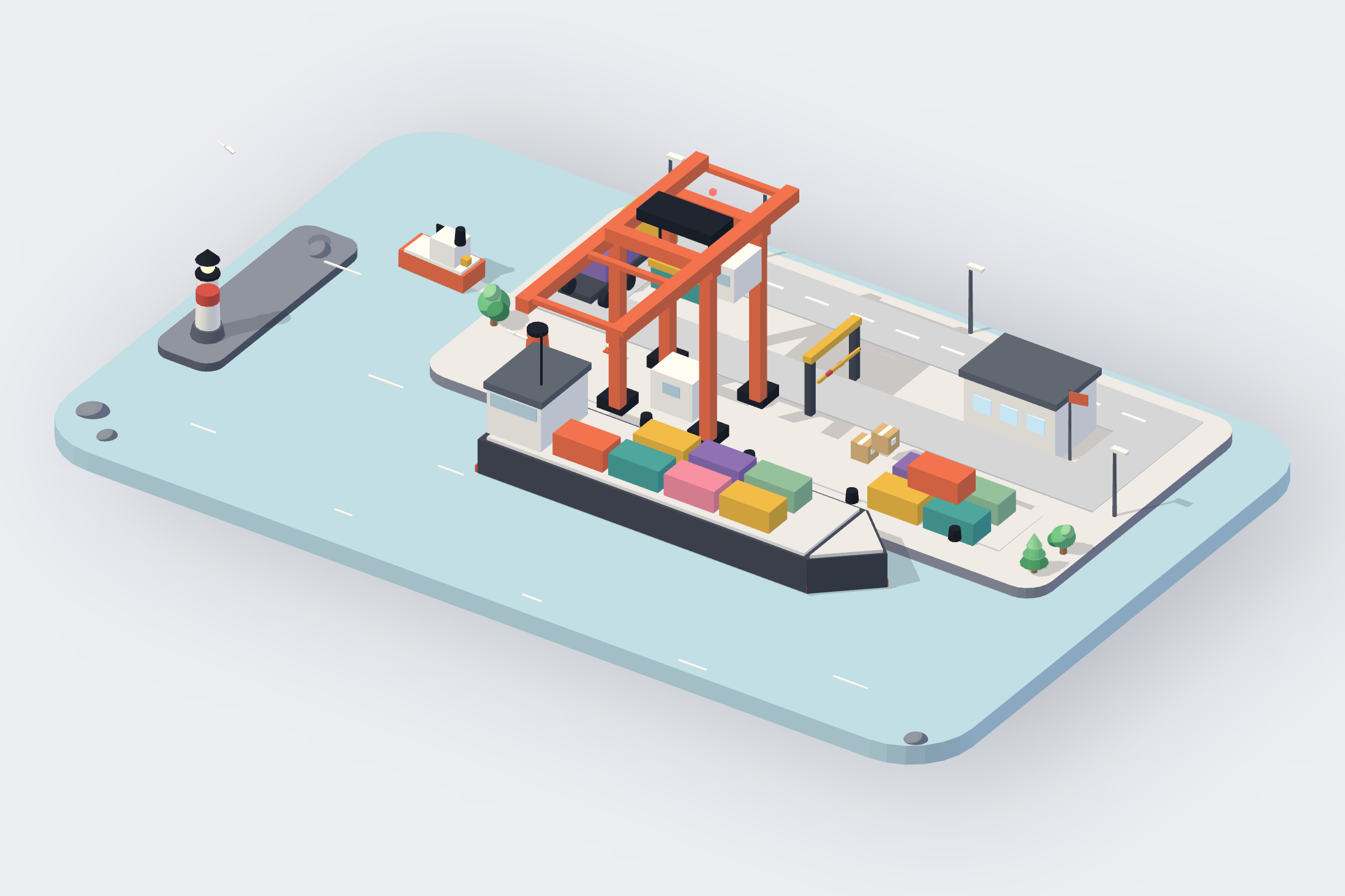 An isometric container quay on pale water: a ship with coloured containers moored along it, an orange gantry crane, a tractor on the quay road, a harbour office, a tug and a lighthouse on a breakwater