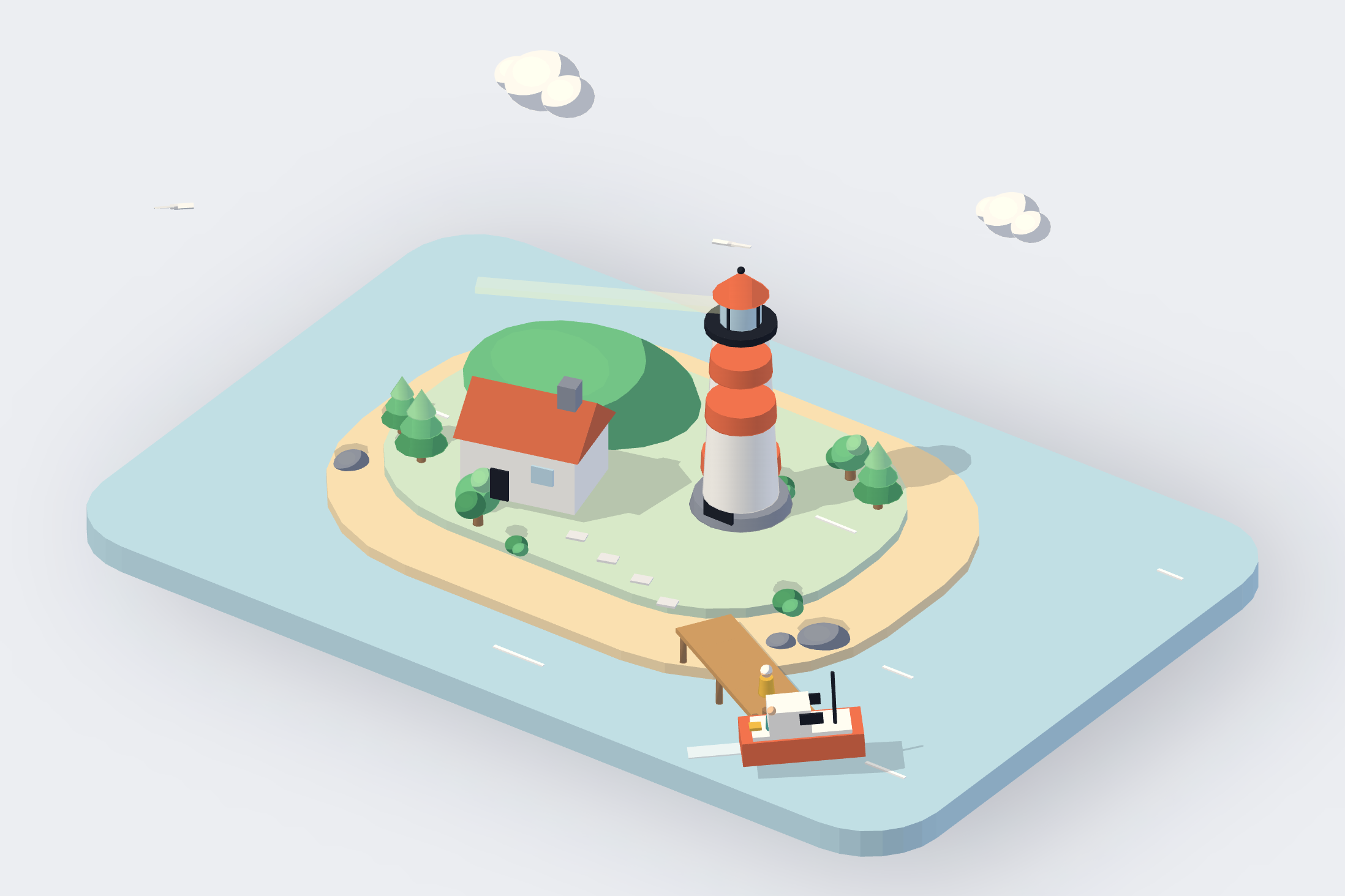 An isometric island on pale water: a red and white lighthouse, a keeper's house, pines, a pier and a small red boat