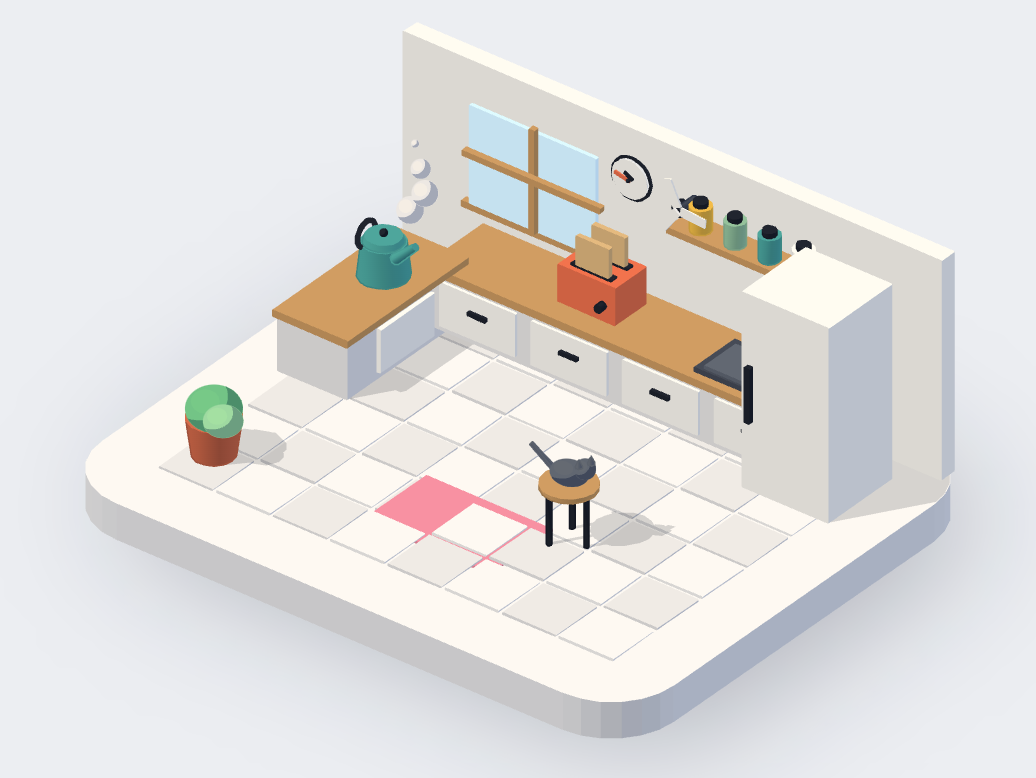 An isometric kitchen corner: a tiled floor, a counter with a sink and a red toaster, a teal kettle steaming, a fridge, a window and a clock on the back wall, a cat on a stool