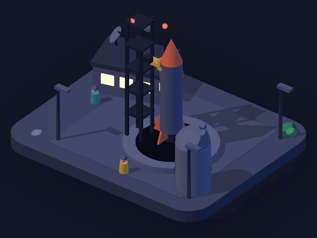 A rocket on its pad at night beside a gantry, floodlights on, a control room with lit windows, on a dark rounded base
