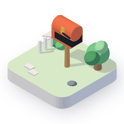 A coral letterbox on a wooden post, door open and empty, a small tree, a fence and a rock beside it, on a grass tile