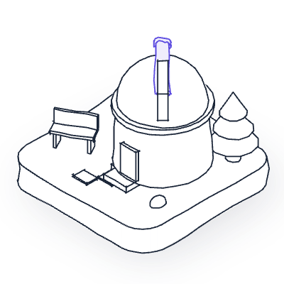 A line drawing of a small round observatory with a dome, a purple telescope through its slit, a bench, a pine and a rock, on a grass tile