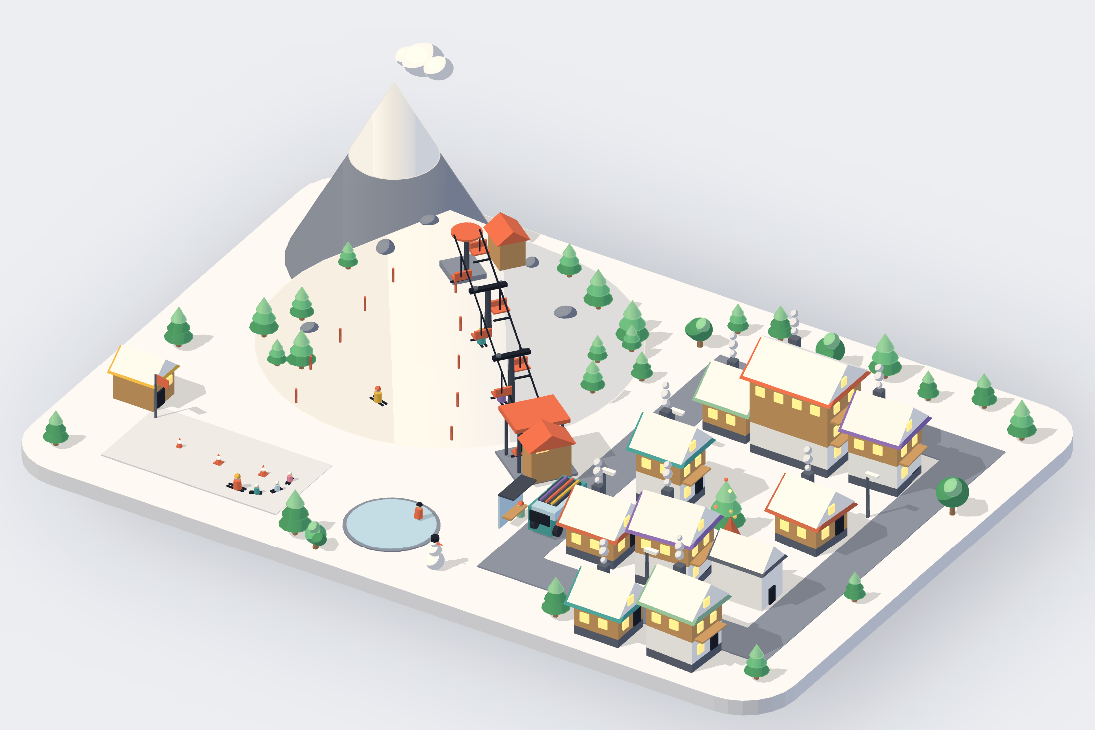 An isometric ski village at the foot of a snowy mountain: a chairlift up the slope, chalets with lit windows, a hotel, pines, a frozen pond and a shuttle bus